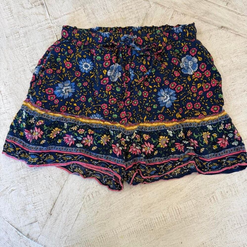 Boho Floral Border Print Shorts Navy Pink Drawstring Festival Cottagecore
